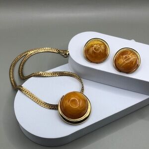 Vintage Italian Italy Jewelry Set Necklace and Earrings Faux Amber Statement